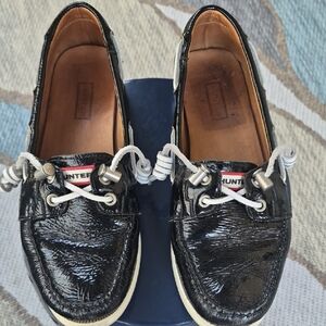 Hunter Black Patent Leather Boat Shoes with White Laces